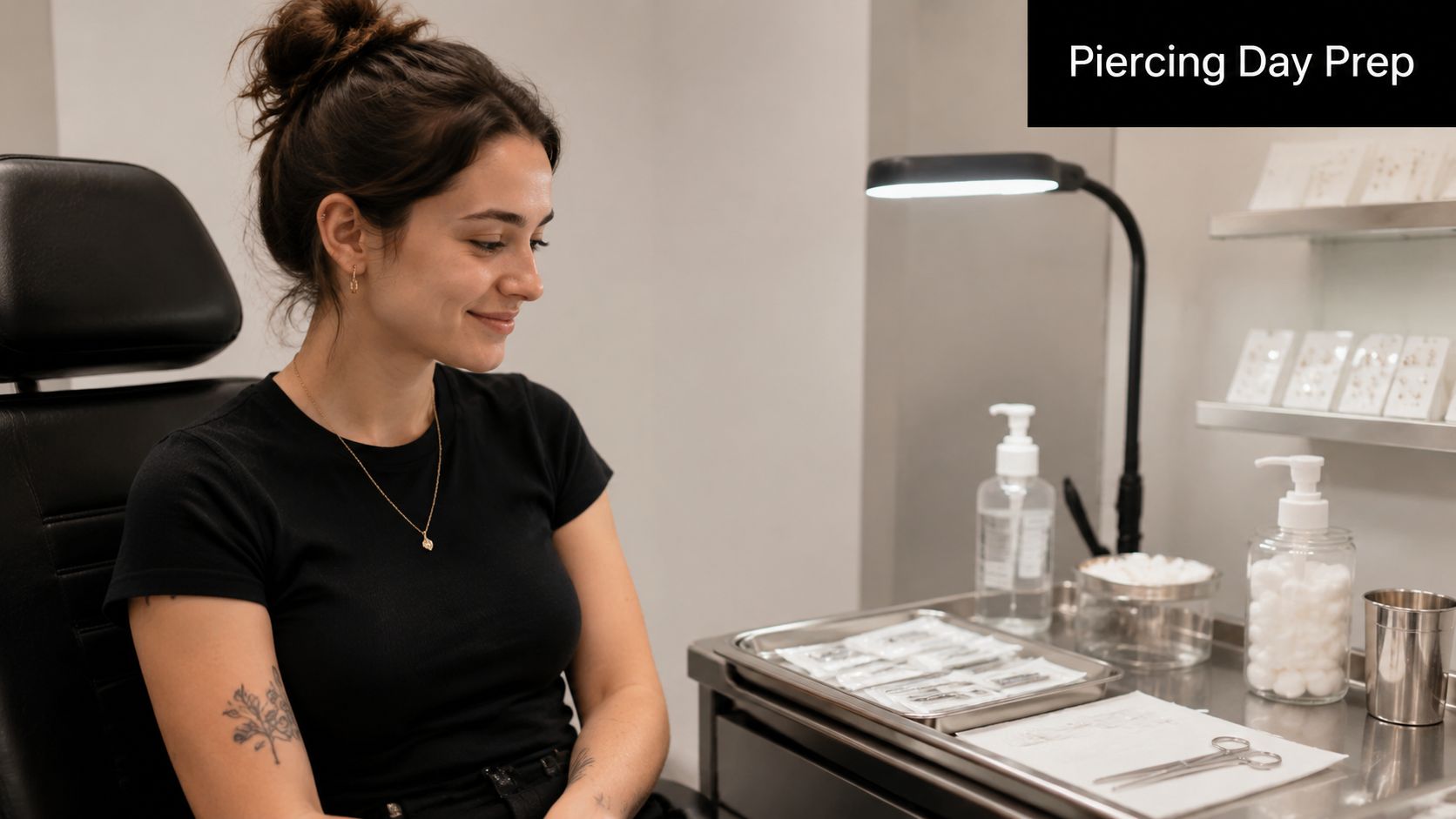 A smiling young woman sitting in a chair at a professional piercing studio for her appointment.
