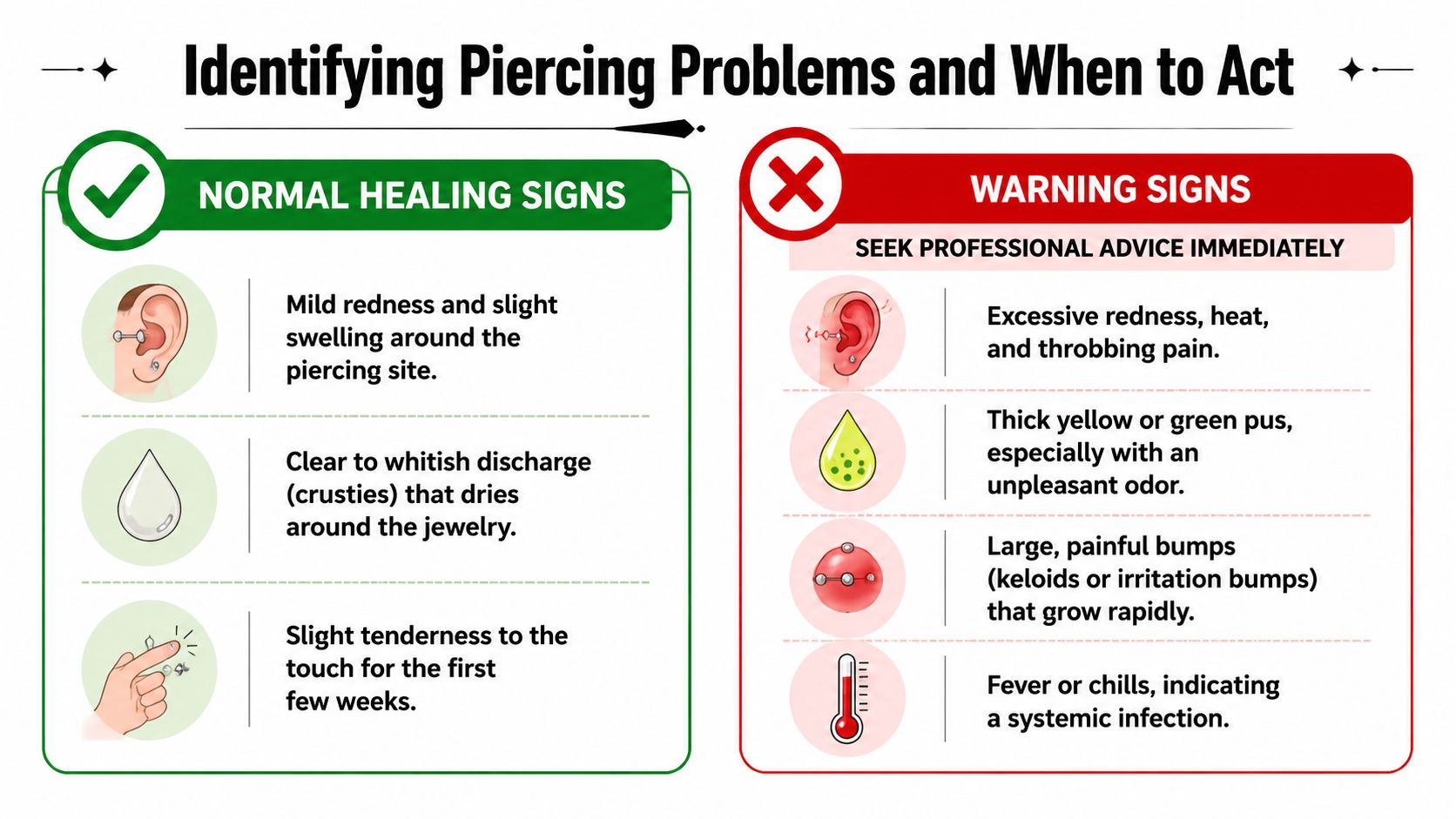 An educational infographic comparing normal piercing healing signs with warning symptoms that require professional medical attention.