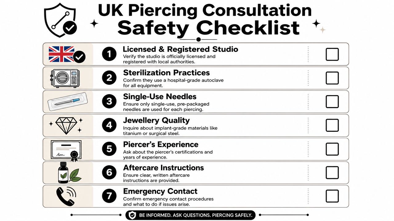 A safety checklist infographic for UK piercing consultations covering hygiene, equipment, jewellery quality, and aftercare procedures.