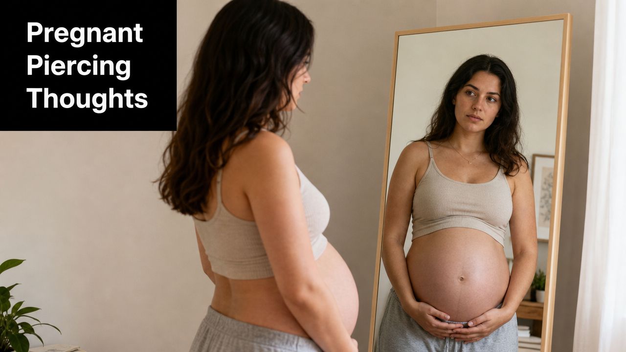 A pregnant woman looks at her belly in a full-length mirror, contemplating navel piercings during pregnancy.
