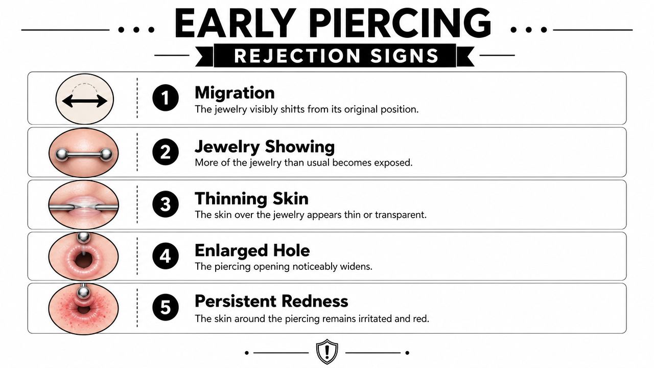 An infographic showing five early warning signs of piercing rejection, including migration, thinning skin, and persistent redness.