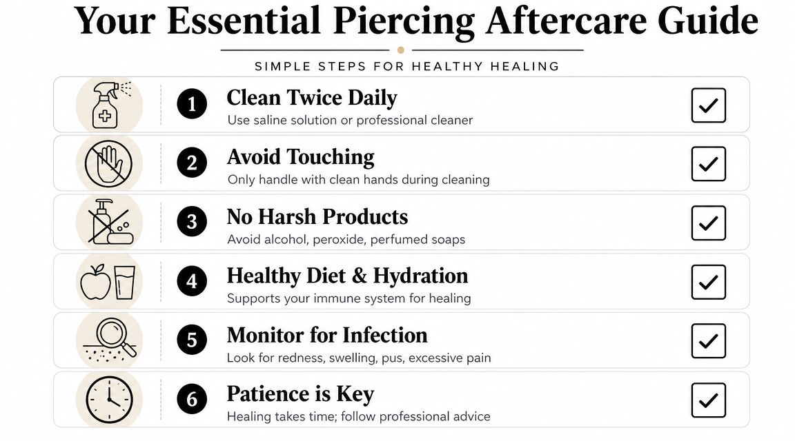 A helpful infographic listing six essential steps for proper piercing aftercare and healthy healing.