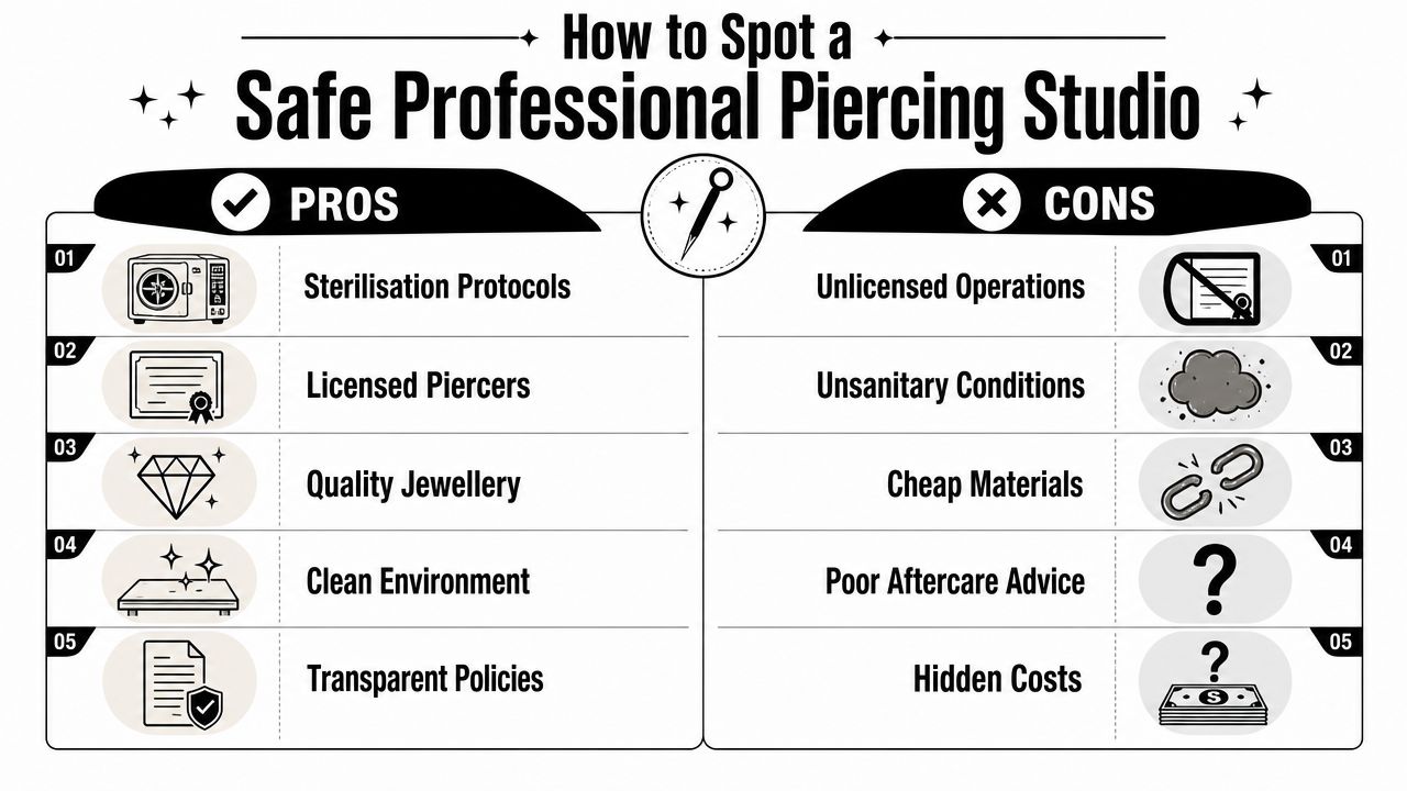 An infographic titled How to Spot a Safe Professional Piercing Studio, listing five pros and five cons.
