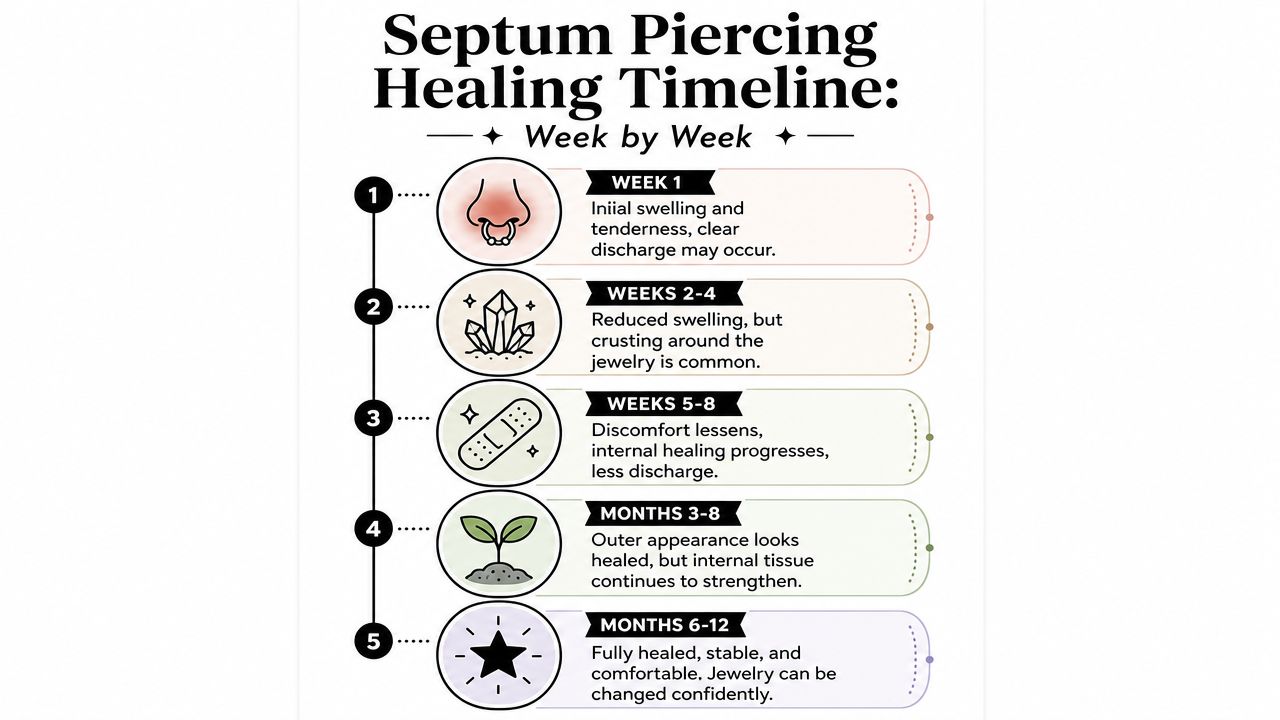 A detailed infographic timeline showing the stages of septum piercing recovery from week one to twelve months.