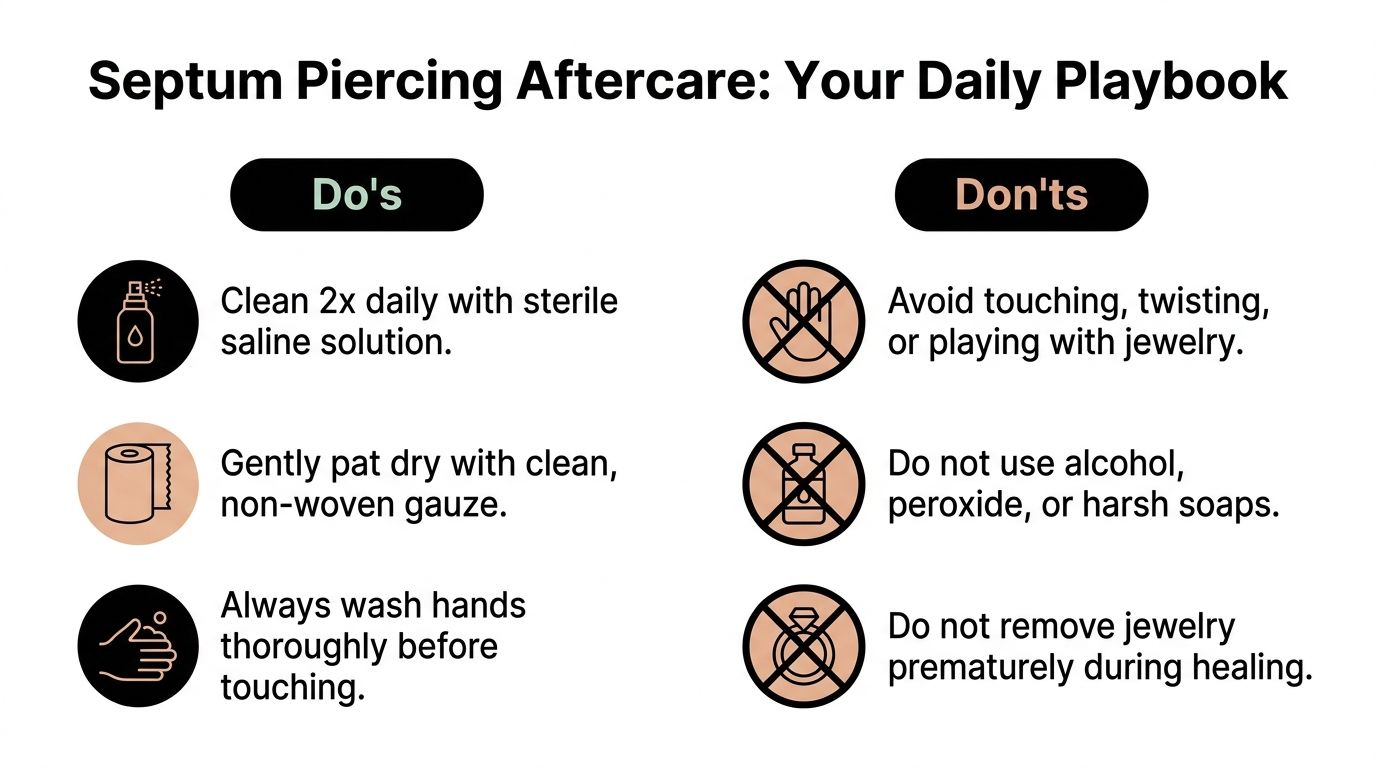 An infographic titled Septum Piercing Aftercare: Your Daily Playbook listing essential cleaning tips and caution advice.