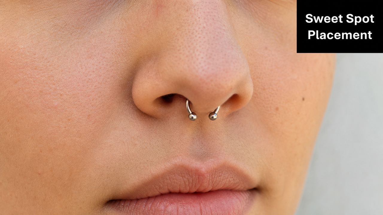 A close-up view of a person's nose showing a properly placed septum piercing in the sweet spot.