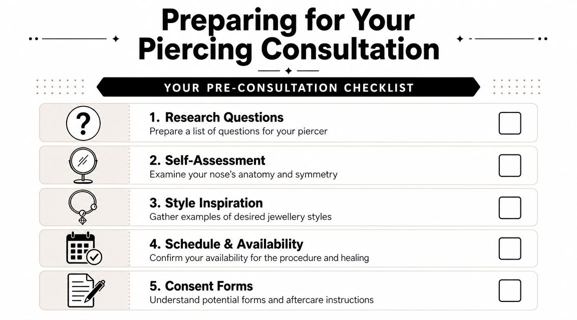 A pre-consultation checklist for piercing appointments featuring five steps including research, self-assessment, and scheduling tips.