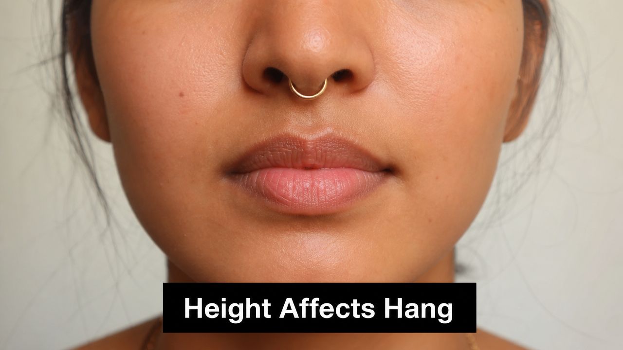 A close-up view of a person with a gold septum piercing in their nose, demonstrating placement height.
