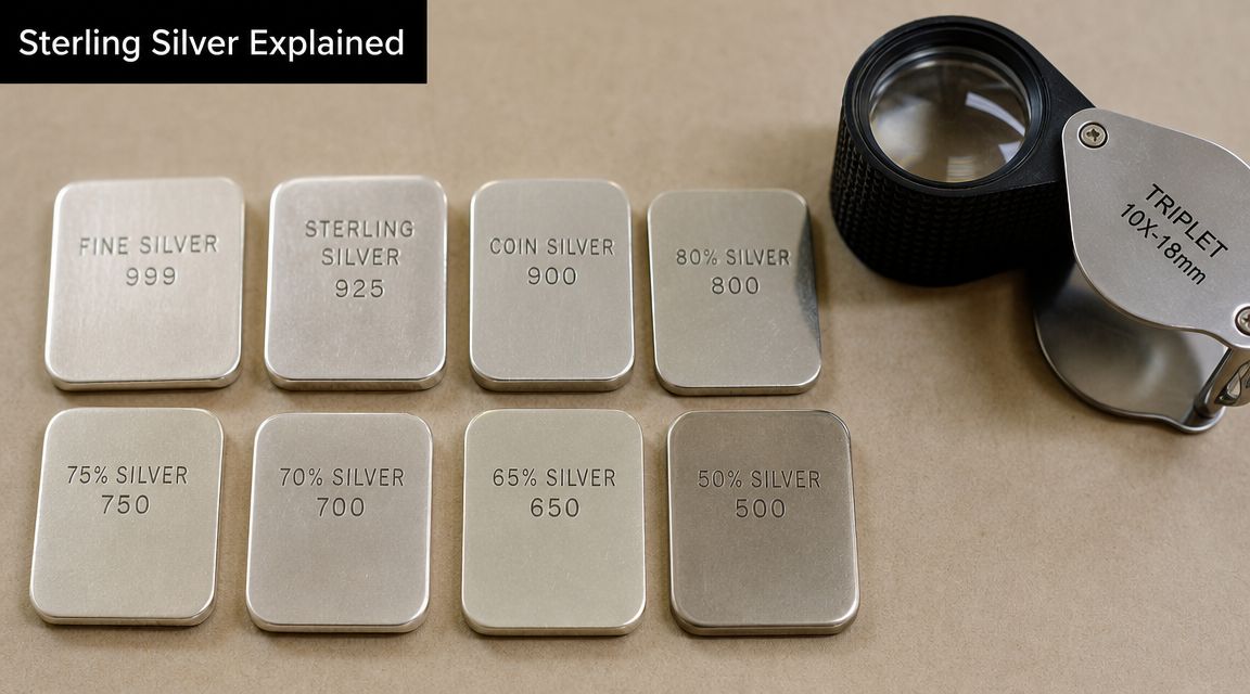 A set of silver purity test bars ranging from 999 to 500 along with a jeweler loupe.