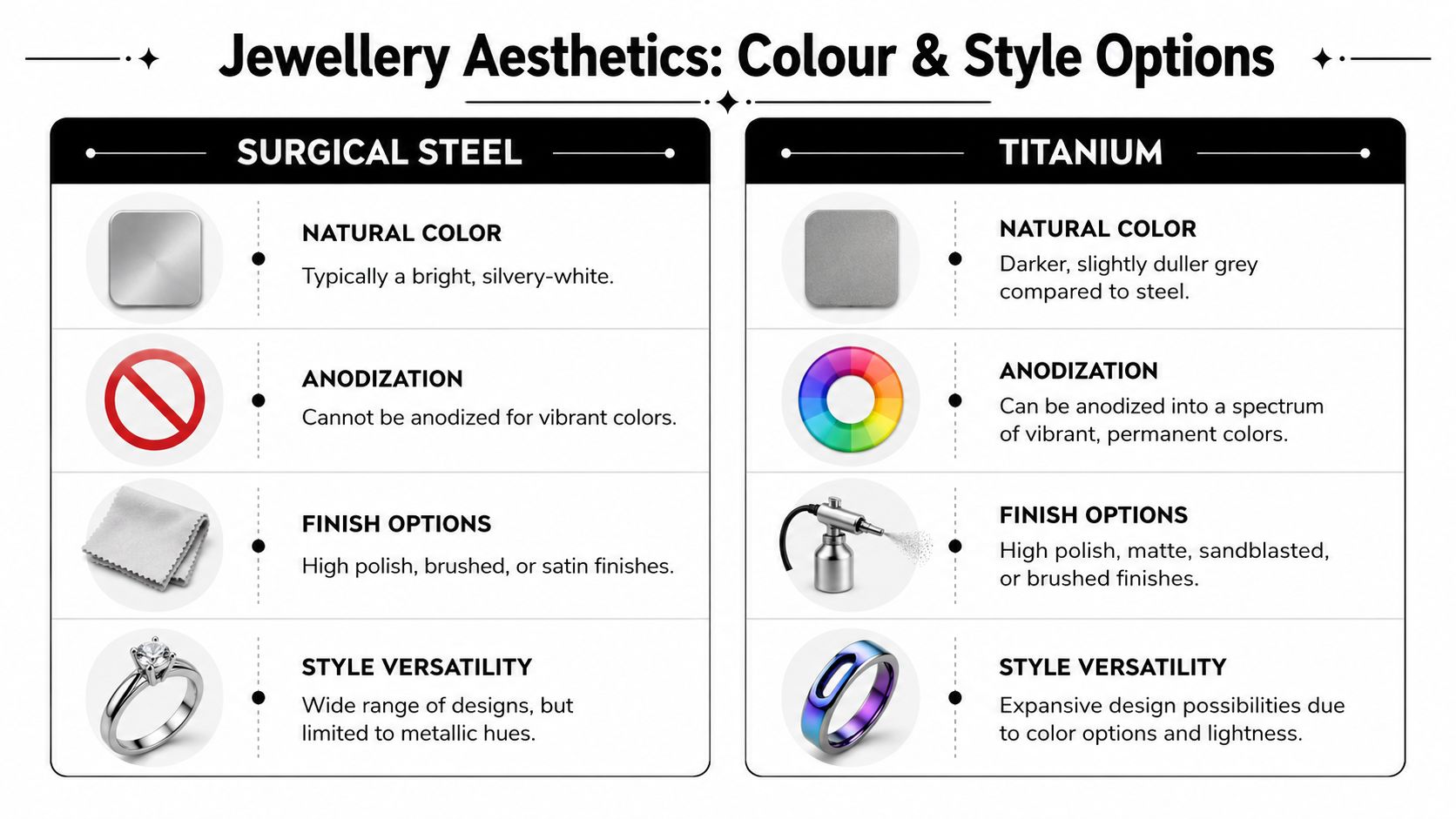 A comparison chart outlining the aesthetic color and style differences between surgical steel and titanium body jewellery.