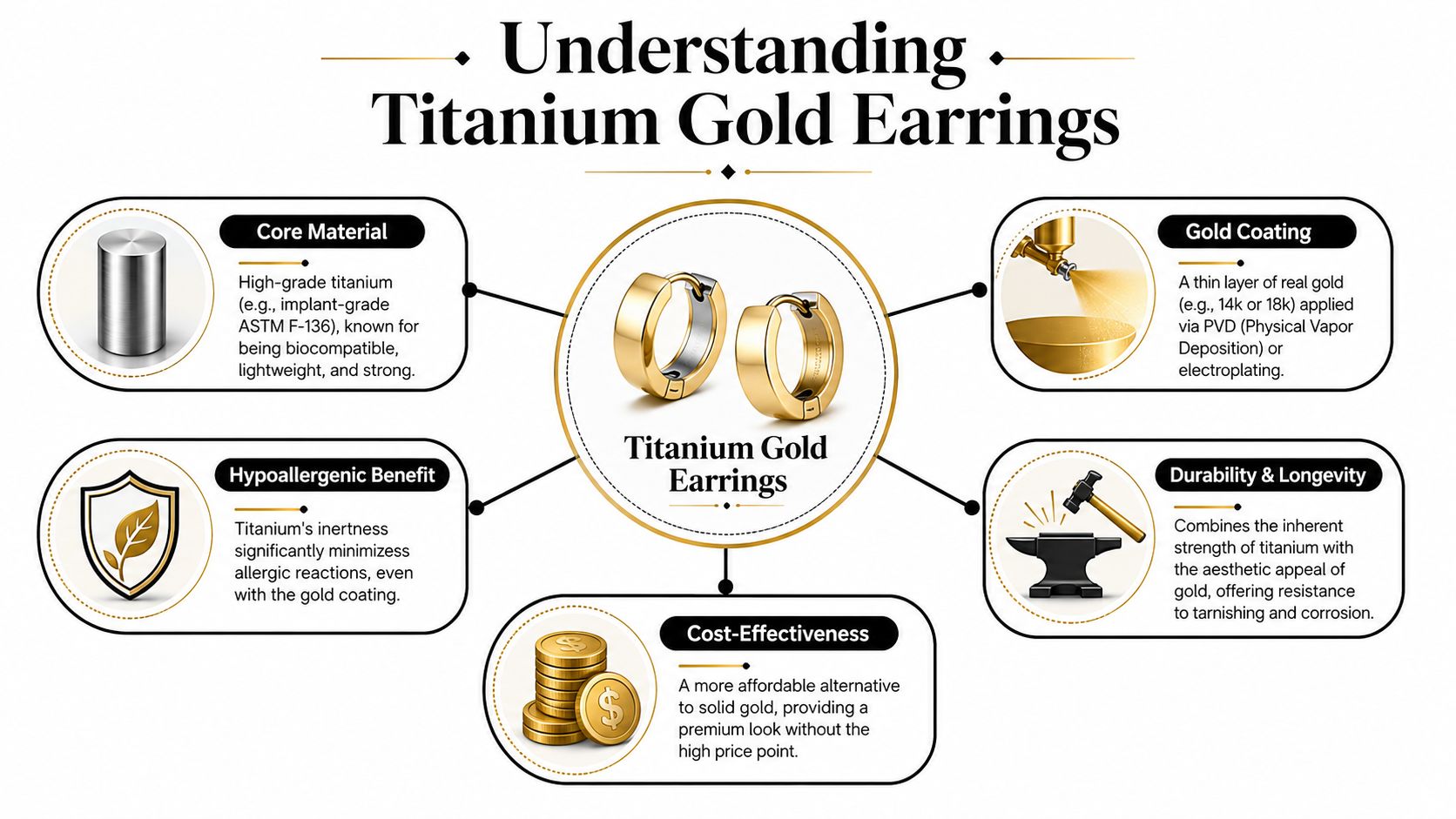 An infographic explaining the benefits of titanium gold earrings including core material, coating, durability, and cost-effectiveness.