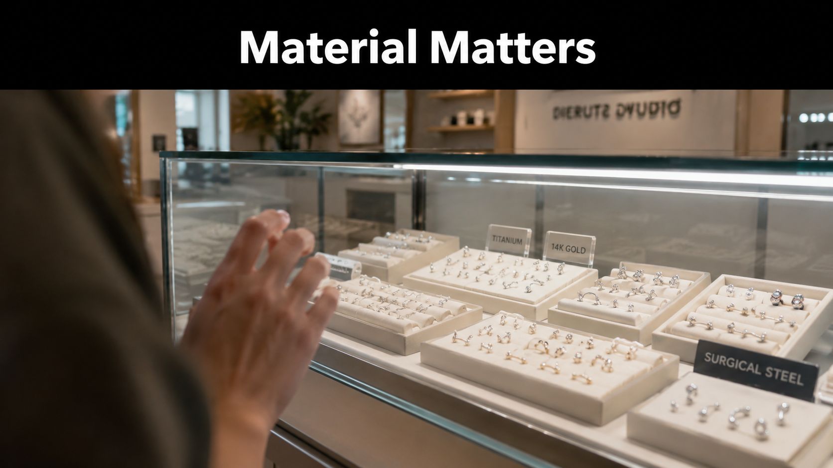 A shopper looks at a selection of jewelry including titanium, 14k gold, and surgical steel earrings in store.