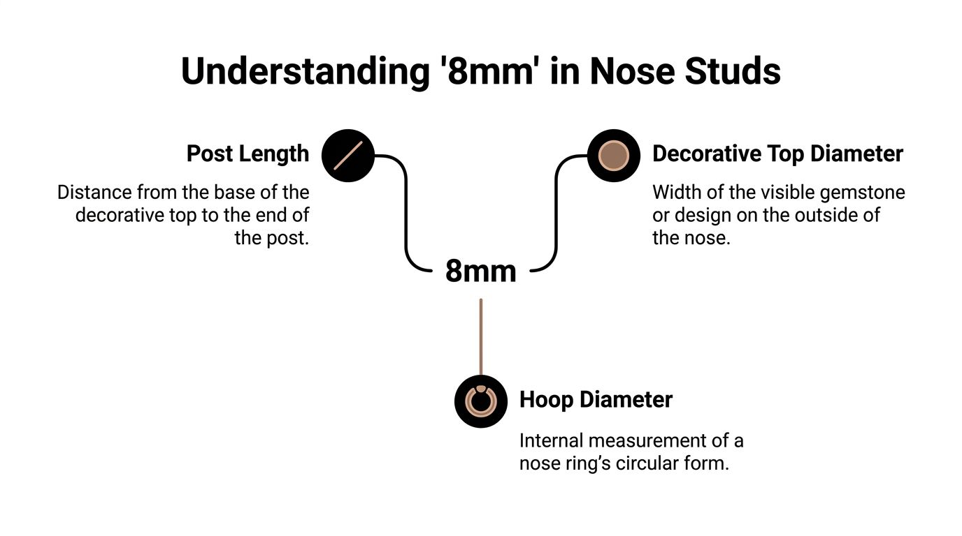 A diagram explaining how the 8mm measurement applies to nose stud post length, top diameter, and hoop diameter.