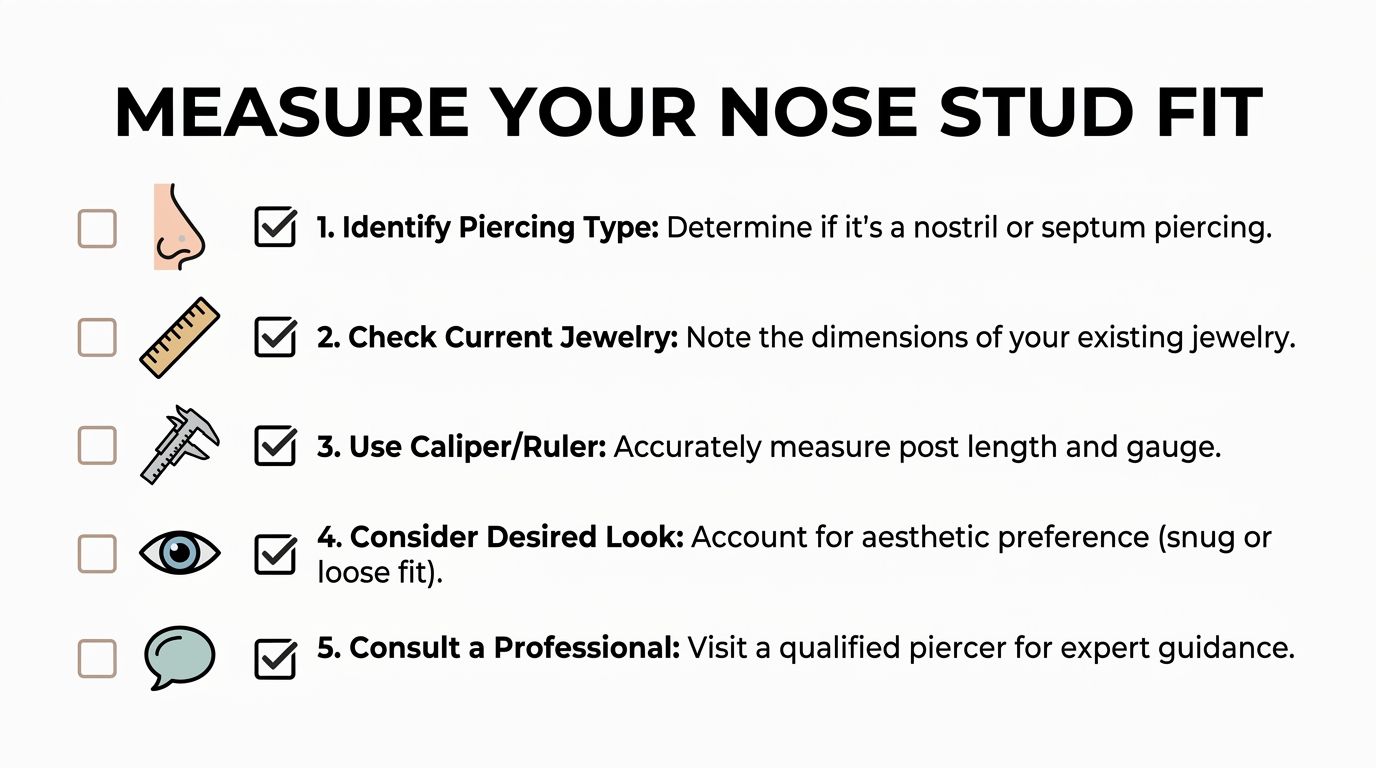 A checklist showing five steps to measure nose stud fit including identifying, checking, and consulting professionals.