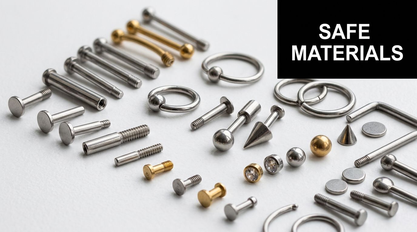 An assortment of various titanium and surgical steel body piercing jewelry laid out on a white surface.