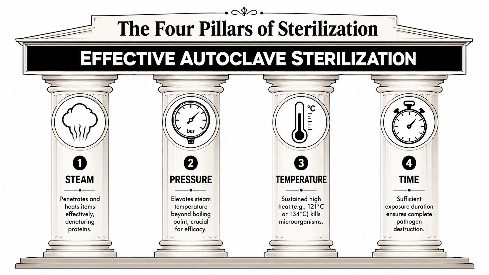An infographic showing the four essential pillars of effective autoclave sterilization: steam, pressure, temperature, and time.