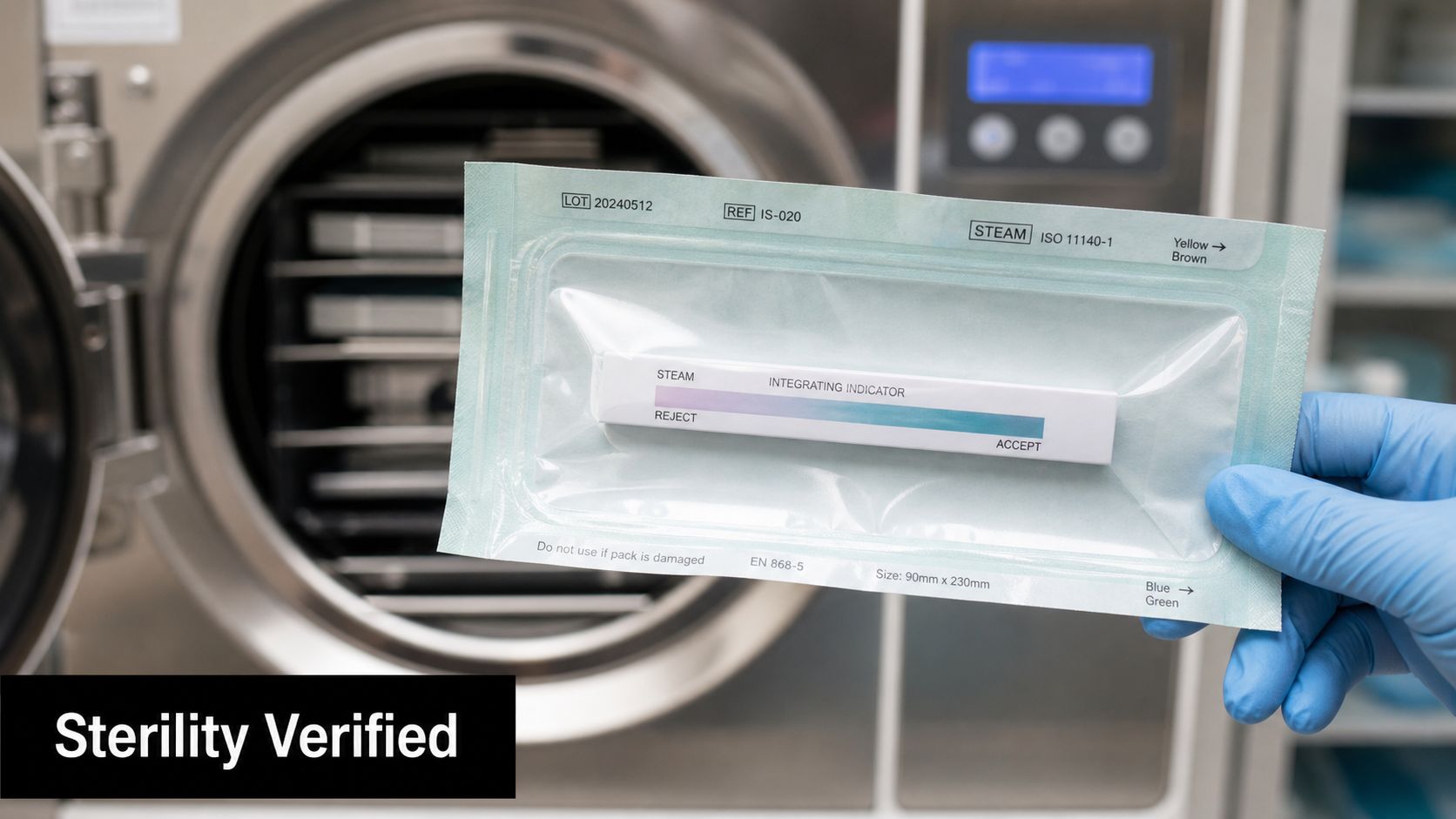 A gloved hand holding a sterile pouch containing an autoclave steam integrating indicator in front of a sterilizer.