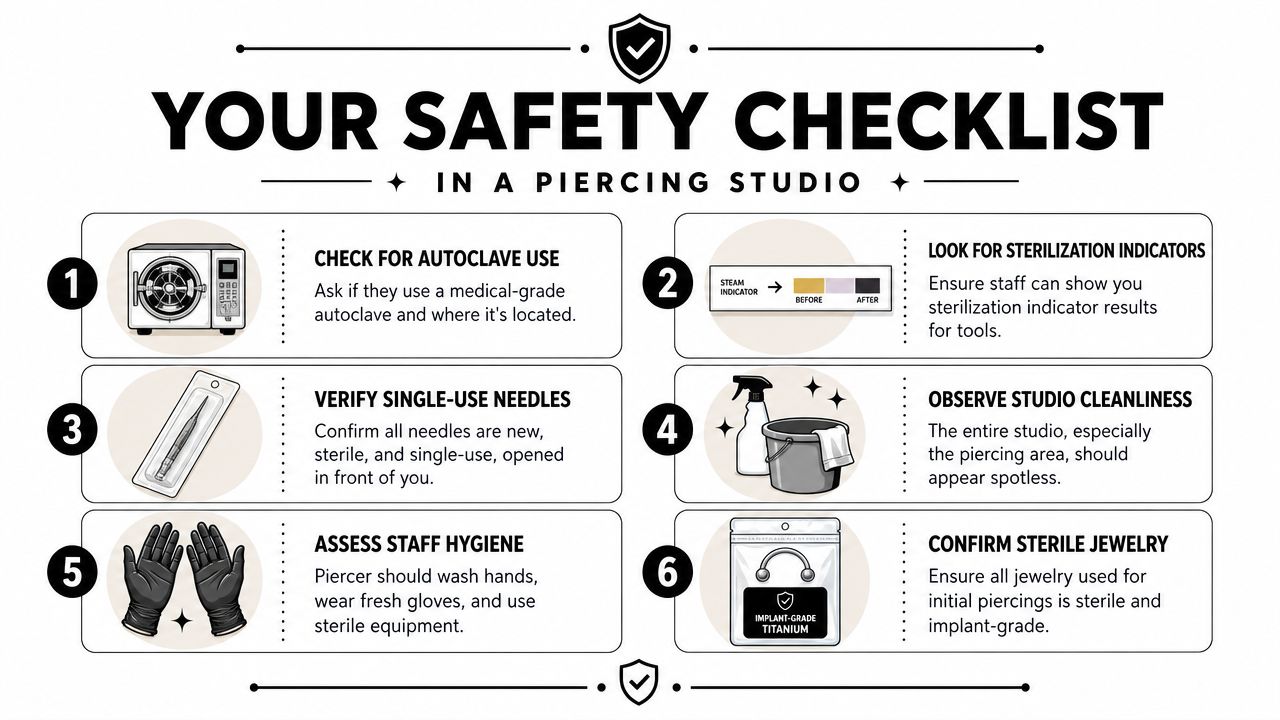 A safety checklist infographic for selecting a hygienic and professional piercing studio for safe body modifications.