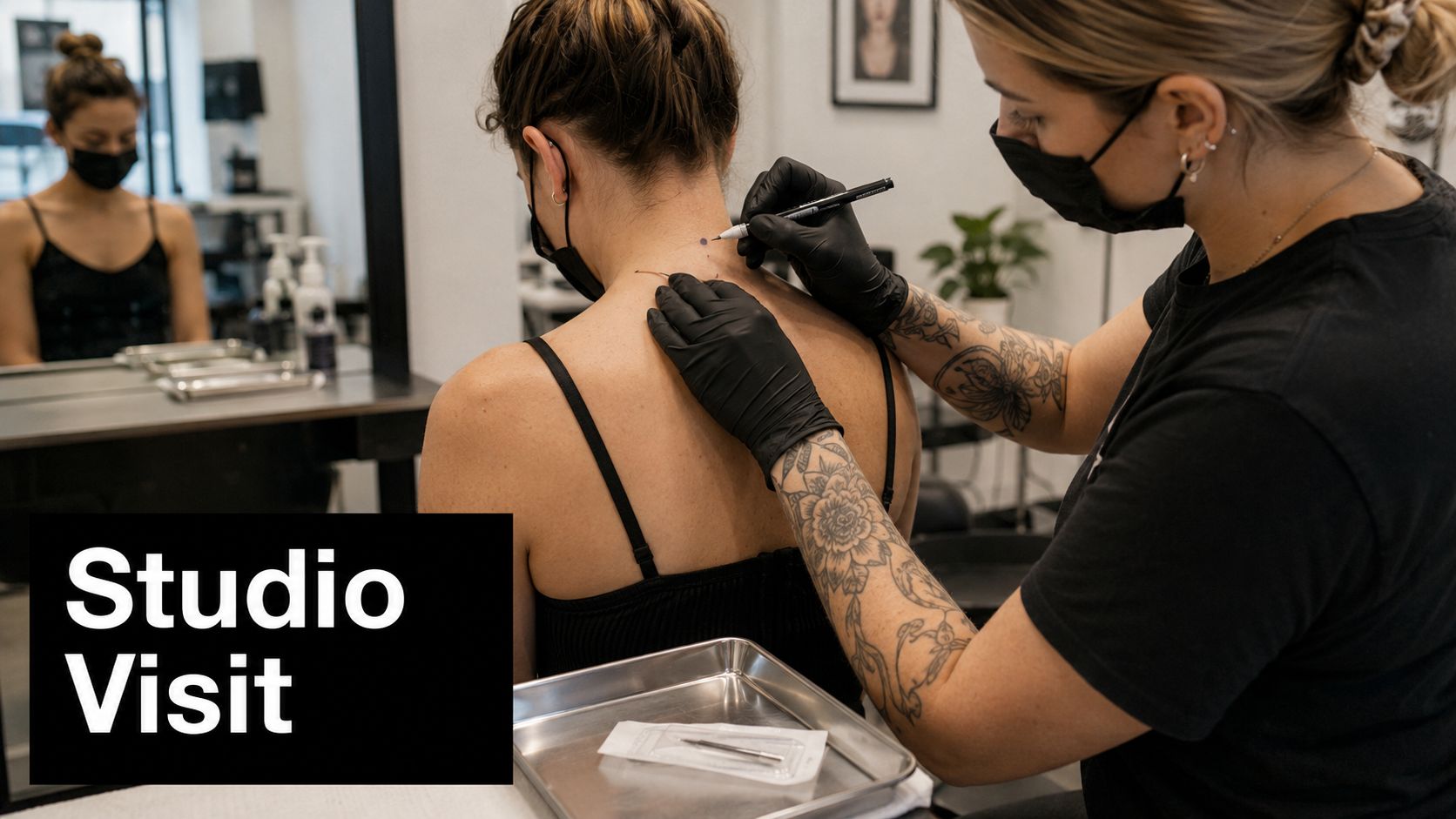 A professional piercer marking a client's back neck with a pen in a clean studio setting.