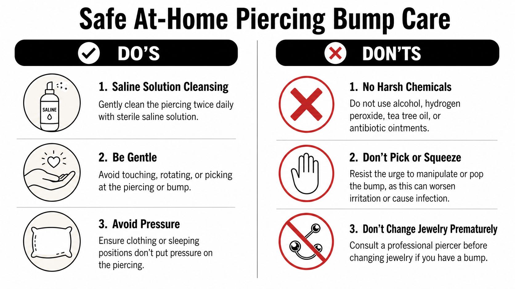 An infographic titled Safe At-Home Piercing Bump Care listing three dos and three don'ts for piercing care.
