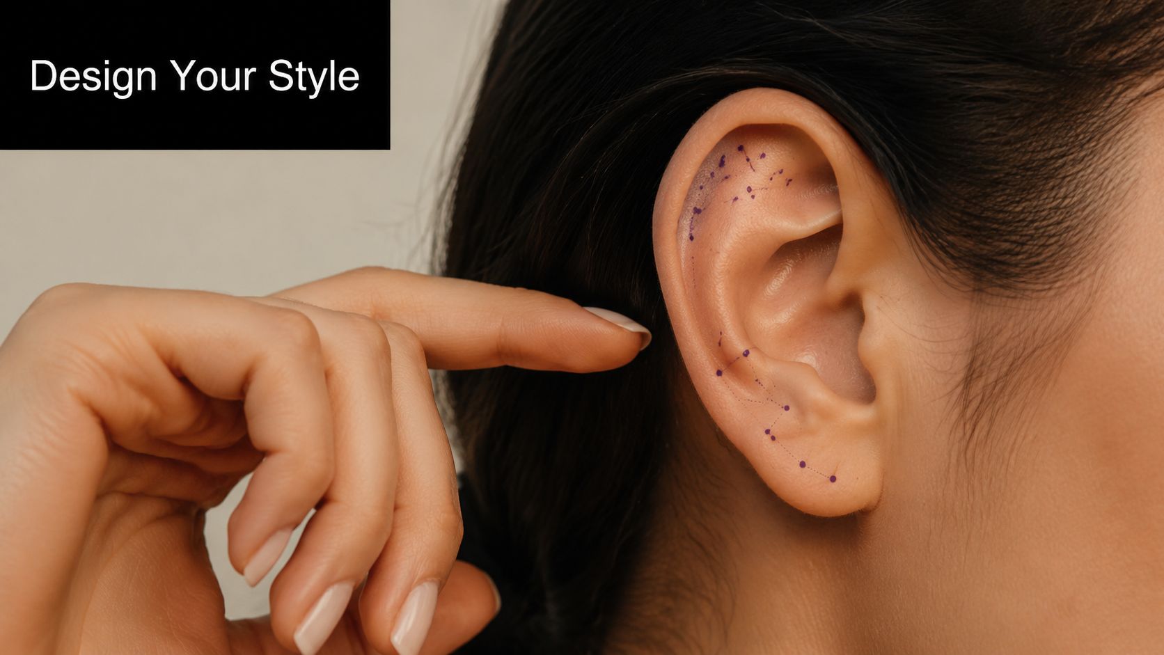 A close-up view of a person's ear with purple dotted markings indicating potential constellation ear piercings.
