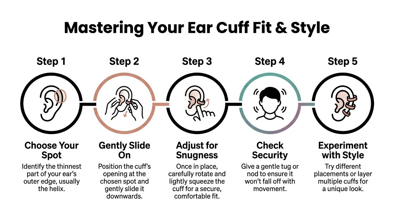 A five-step instructional guide on how to properly fit, adjust, and style ear cuffs on your ears.
