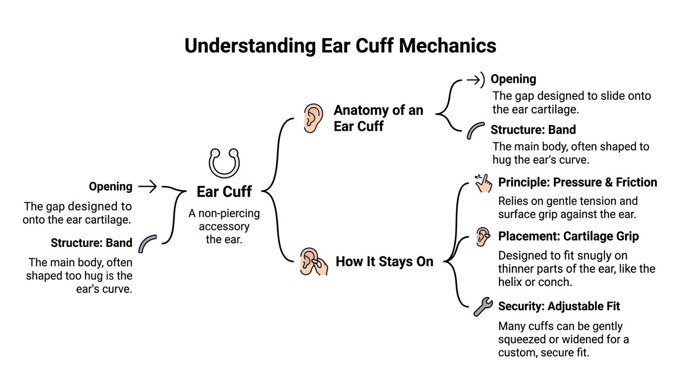 A diagram explaining the anatomy, mechanics, and fit of ear cuffs for non-pierced ears.