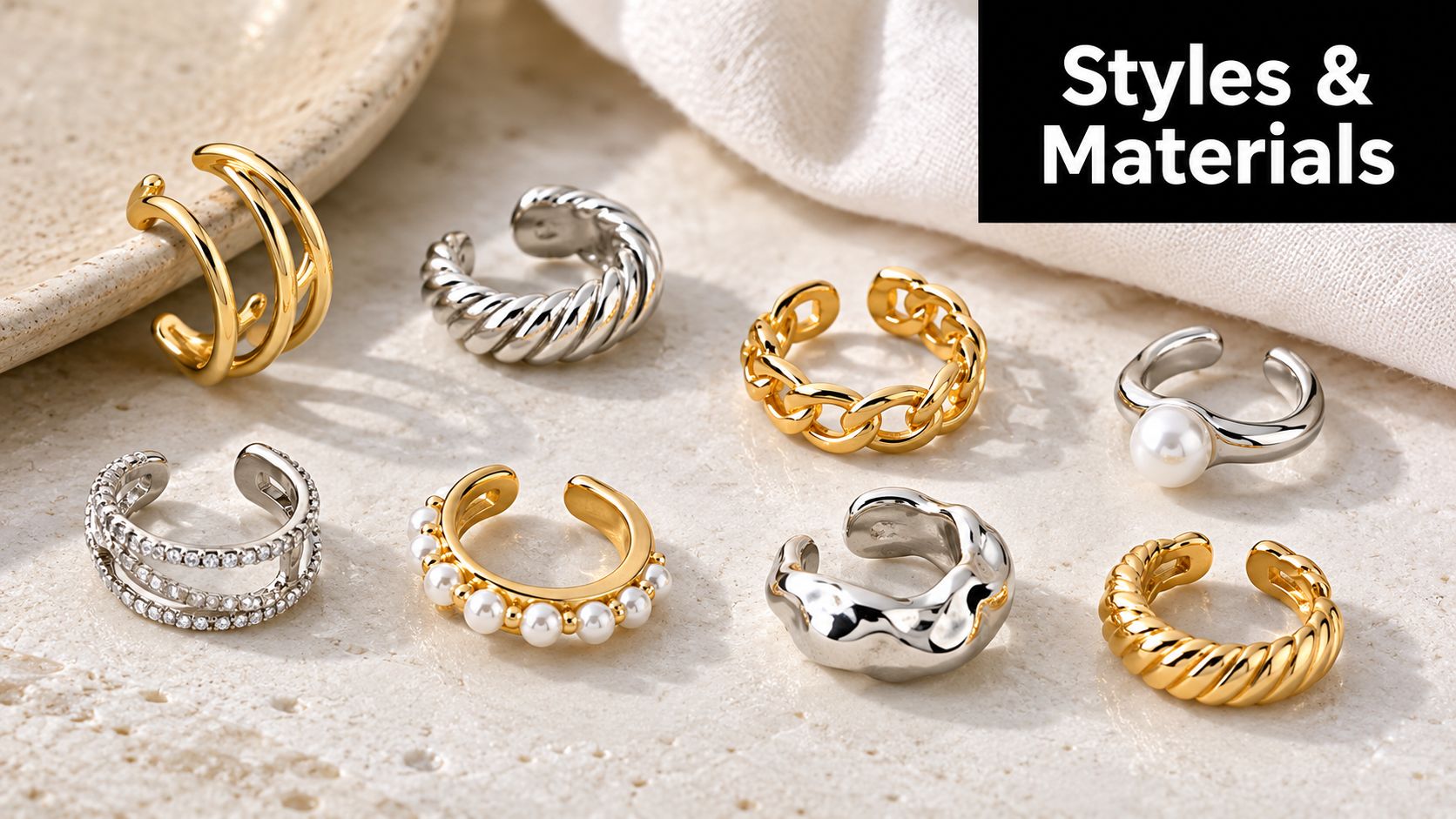 A collection of various gold and silver metal ear cuffs arranged on a textured stone surface.