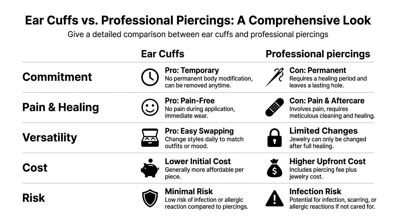 A comparison chart outlining the pros and cons of ear cuffs versus professional ear piercings.