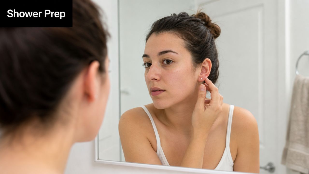 A young woman looking into a bathroom mirror while touching her earring before taking a shower.
