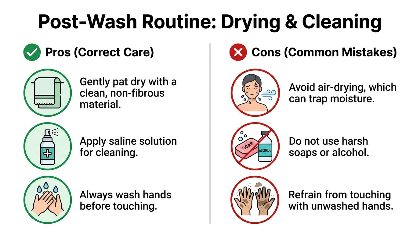 An infographic detailing correct and incorrect post-wash cleaning and drying routines for ear piercings.