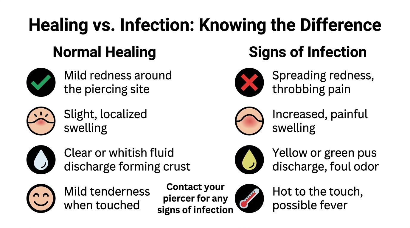 A guide comparing symptoms of normal healing versus potential infection following a new body piercing.