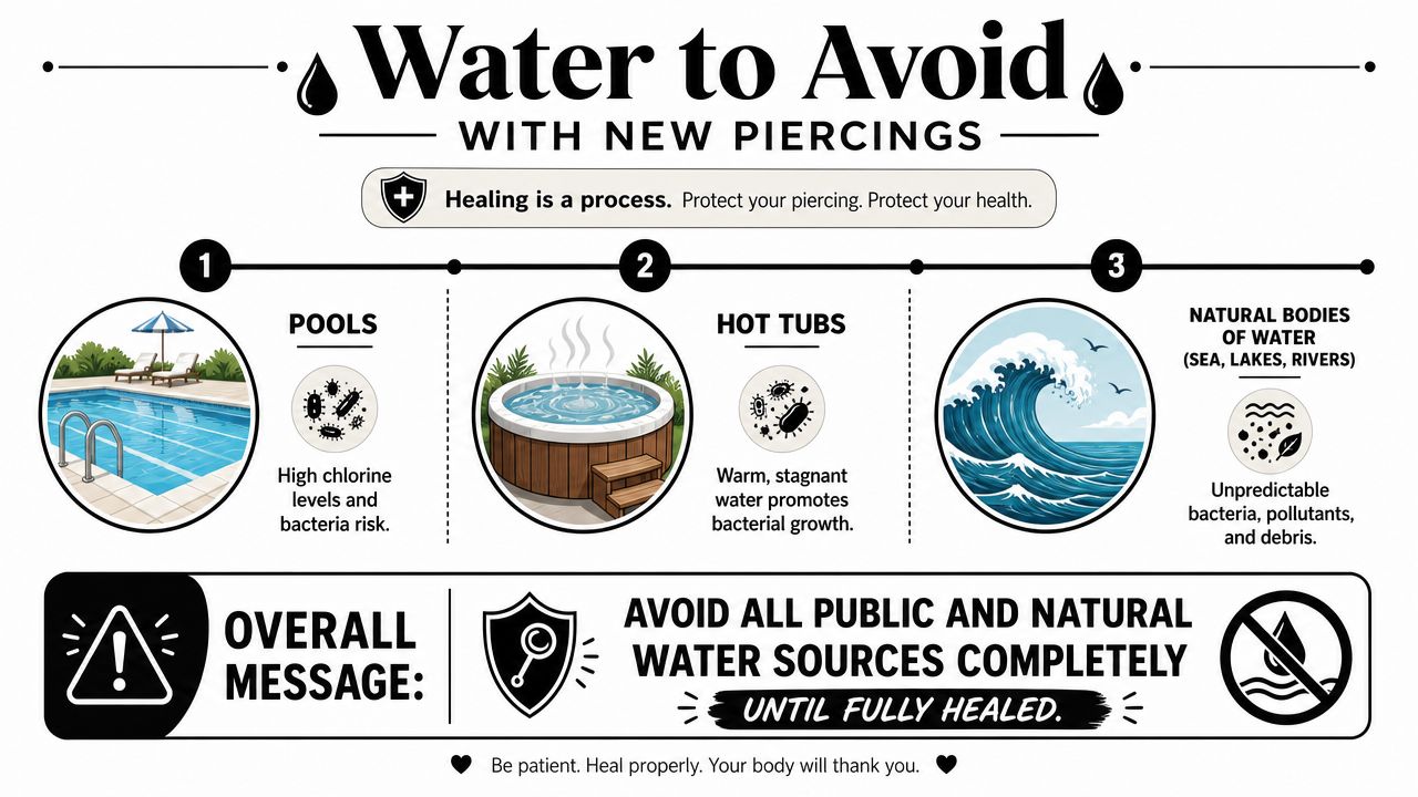An infographic titled Water to Avoid with New Piercings advising against swimming until wounds fully heal.