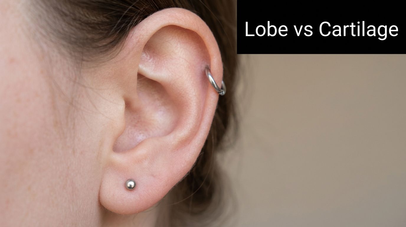 A close-up view of a human ear showing both a lobe piercing and a cartilage hoop piercing.