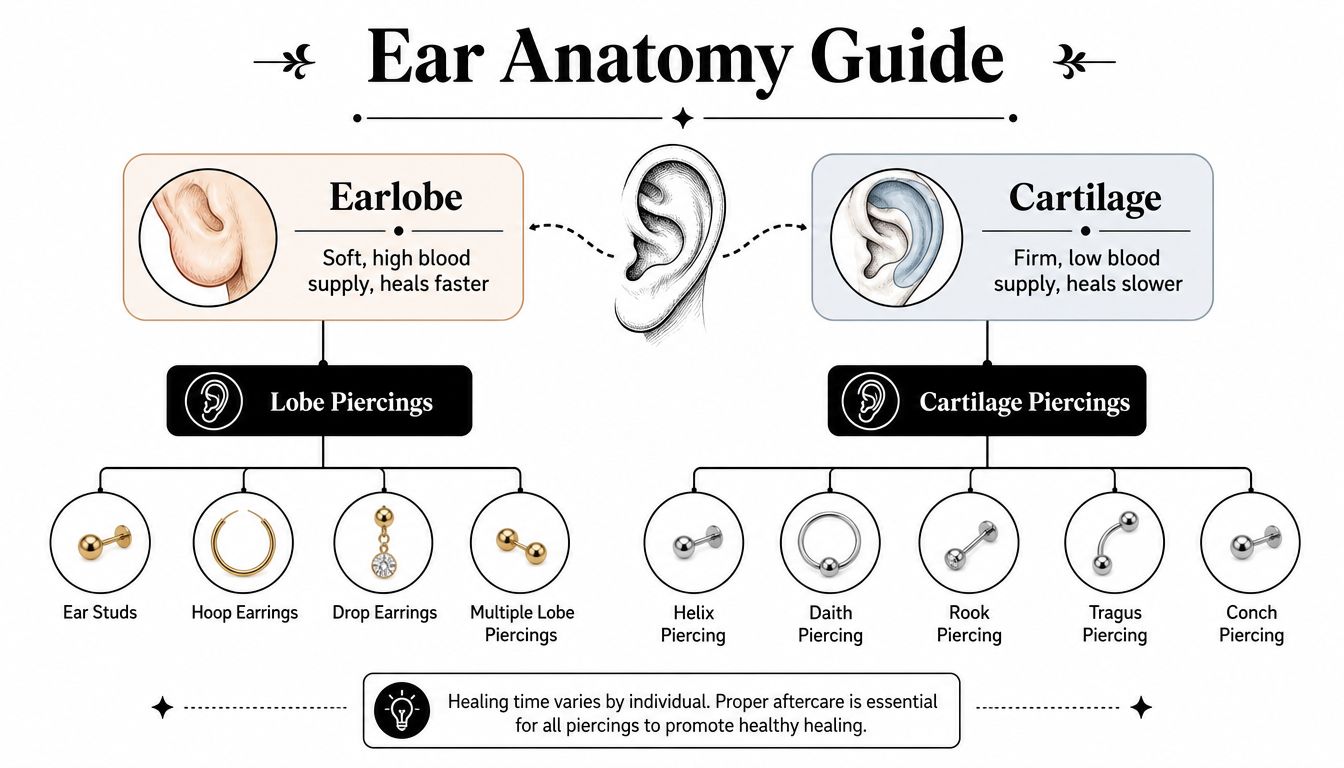 A detailed anatomy guide explaining the differences between earlobe and cartilage piercings for proper aftercare.