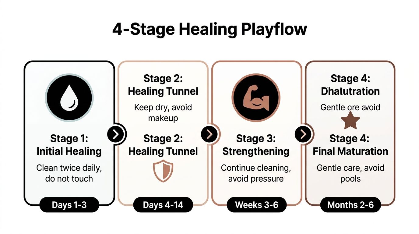 An infographic detailing the 4-stage healing playflow process for ear piercings with daily care instructions.