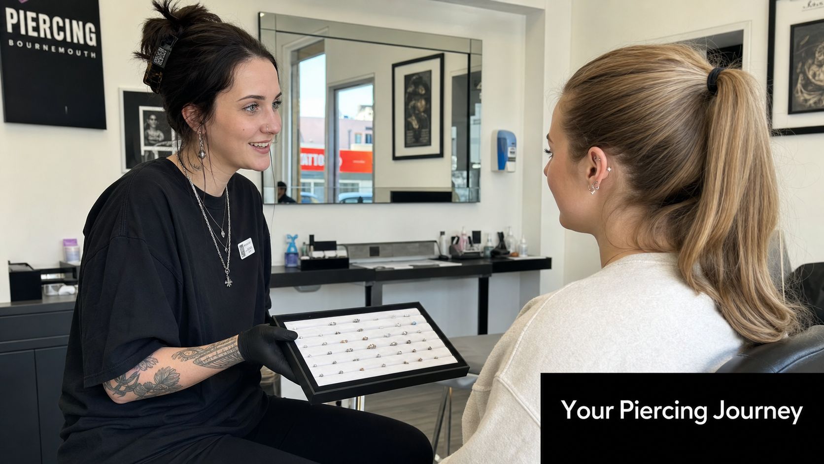 A professional piercer shows a tray of jewelry options to a customer at a Bournemouth studio.