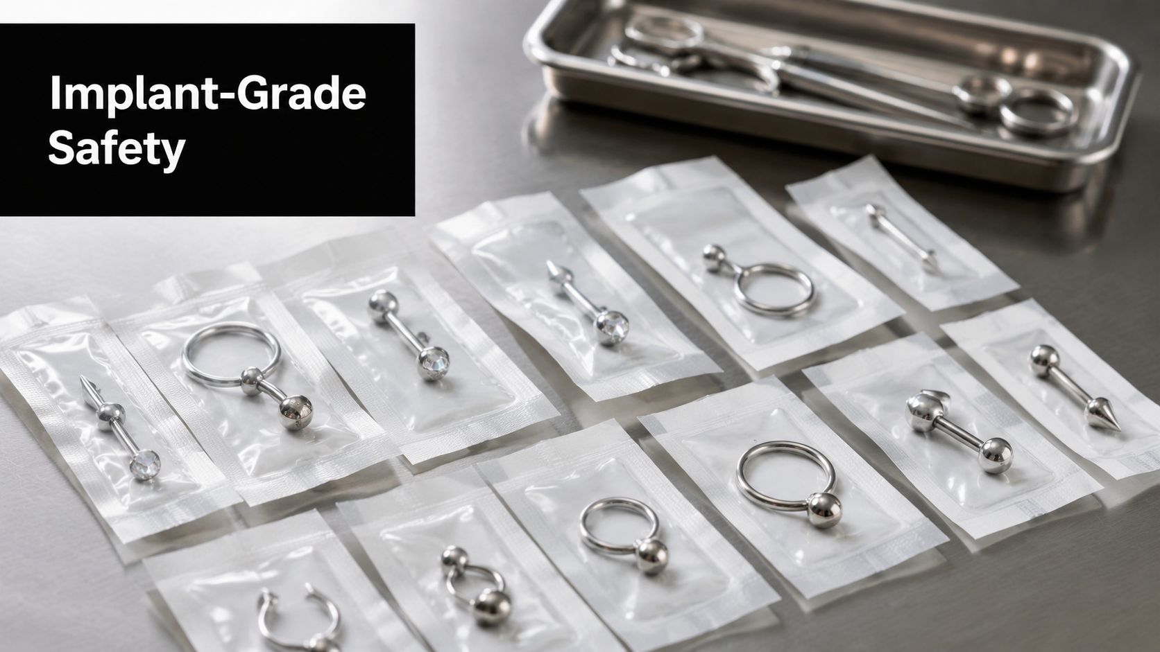 A collection of sterile, individually packaged piercing jewelry arranged on a clean, professional medical tray.
