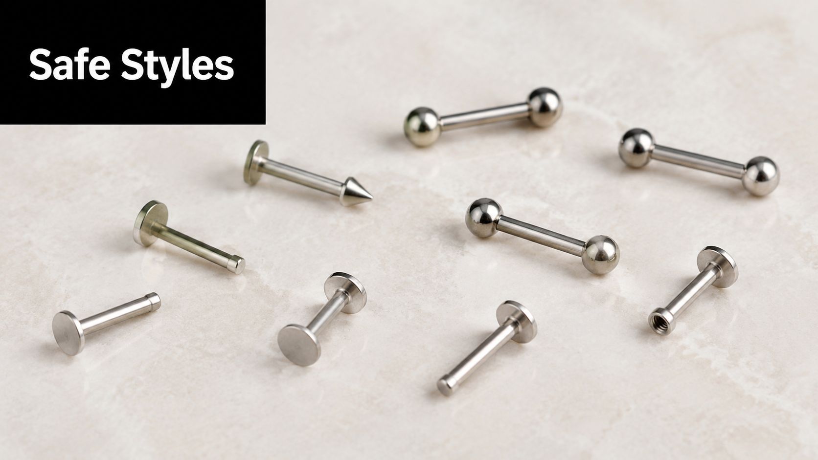 A collection of silver-colored metal body jewelry pieces, including labrets and barbells, arranged on a marble surface.
