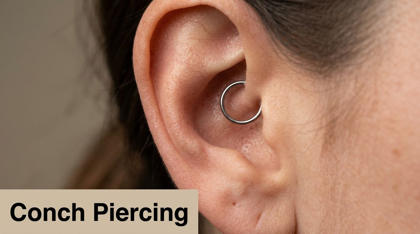 A close-up view of an ear featuring a silver ring hoop piercing in the central conch area.