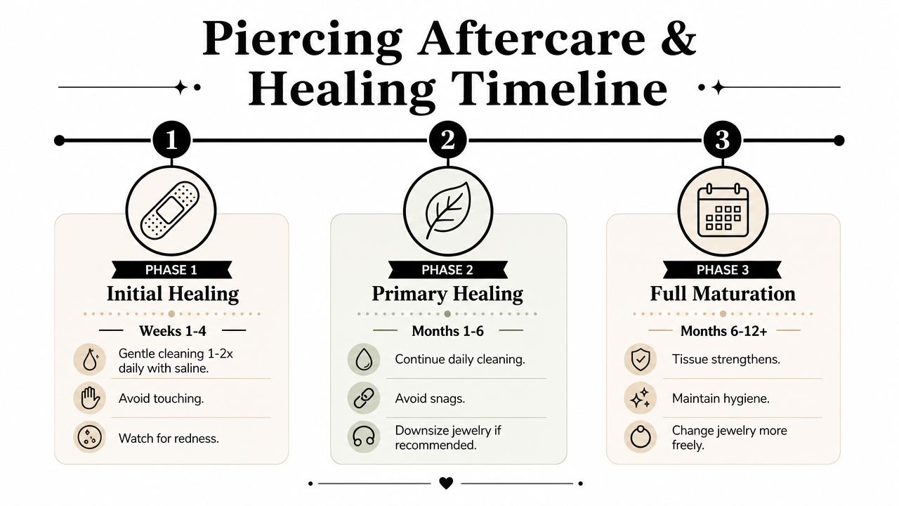 A visual guide outlining the three stages of piercing aftercare, including healing timelines and care instructions.