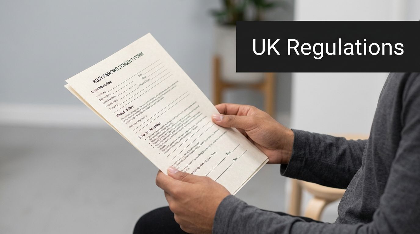 A person holding a body piercing consent form while considering professional piercing services in the UK.