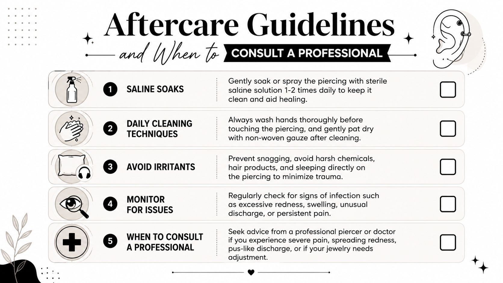 An infographic titled Aftercare Guidelines for piercings, listing five essential steps for maintenance and when to seek professional help.