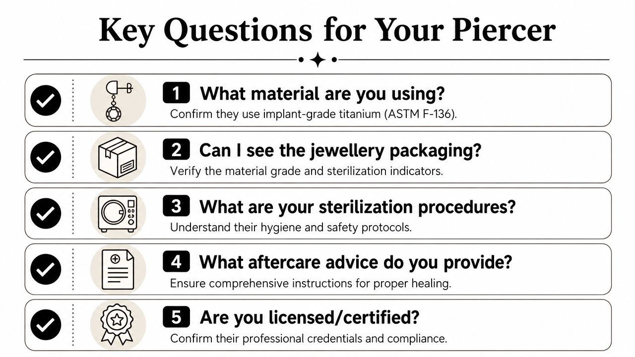 An infographic titled Key Questions for Your Piercer, listing five essential inquiries for safety and professional standards.