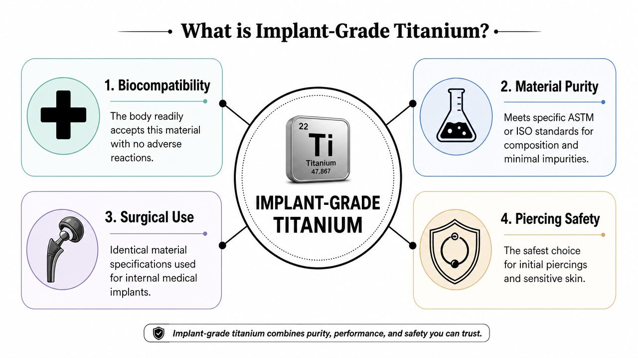 An infographic explaining the benefits of implant-grade titanium for medical use and body piercings.