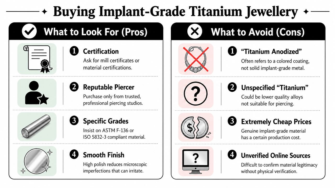An infographic showing tips for purchasing high-quality implant-grade titanium jewelry with pros and cons listed.