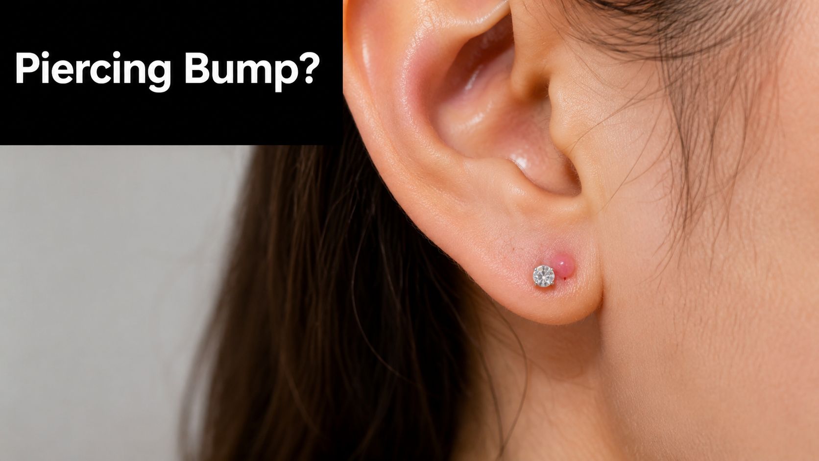 A close-up view of a person's earlobe showing a noticeable red bump next to a stud earring.