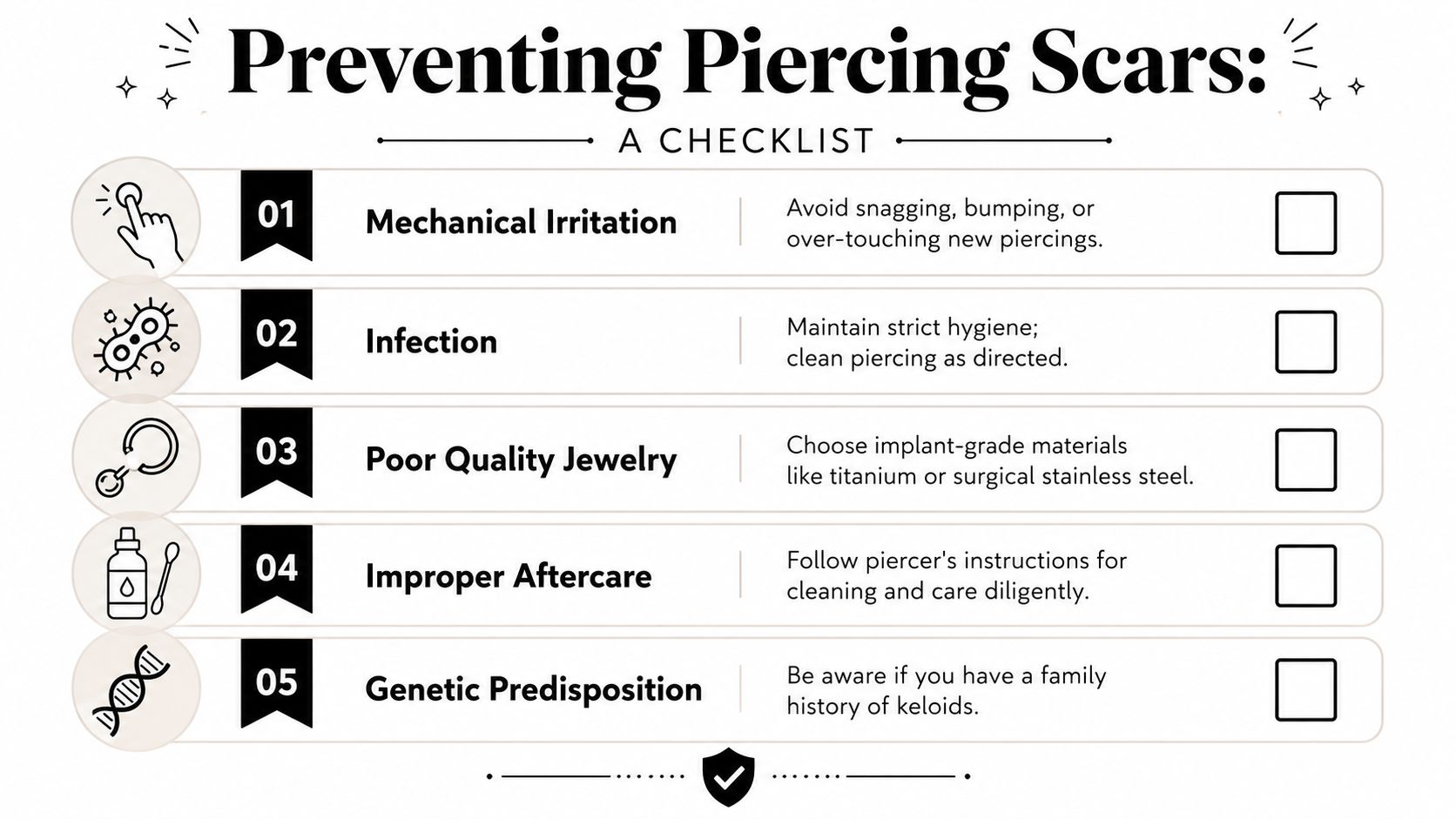 A checklist infographic titled Preventing Piercing Scars with five actionable tips for proper piercing care.
