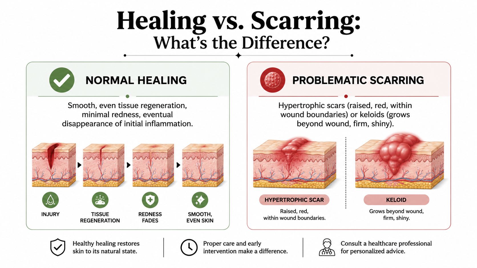A comparison infographic showing normal skin healing versus problematic hypertrophic scars and keloids after an injury.