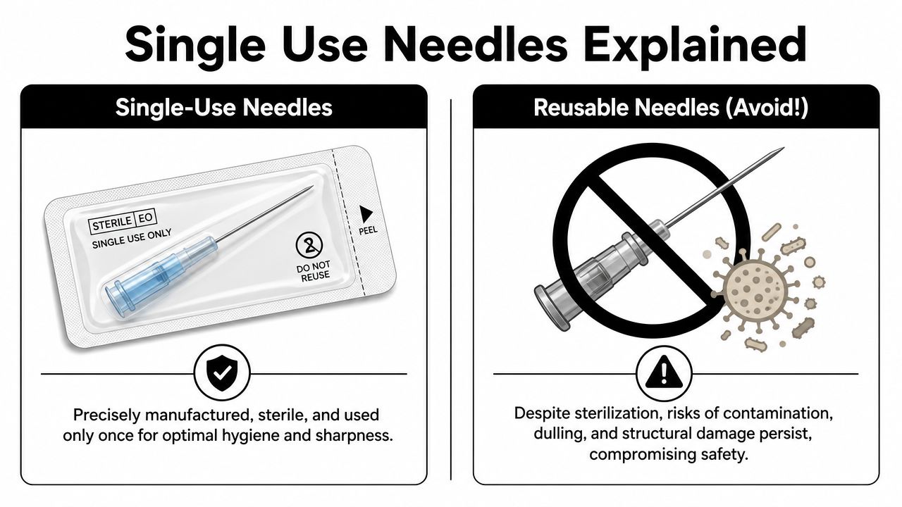 A diagram comparing sterile single-use medical needles with the safety risks associated with reusing needles.
